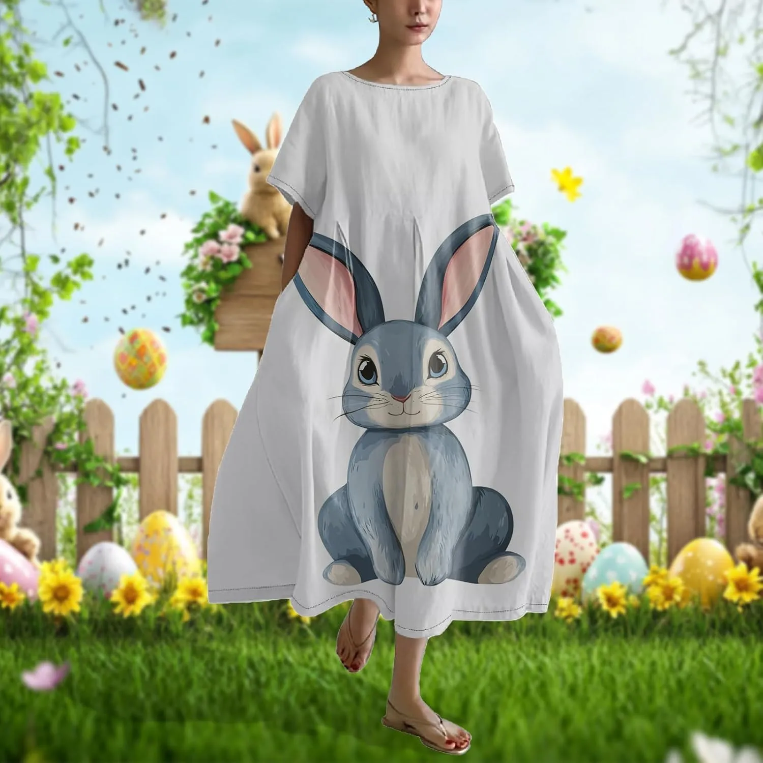 Bengbobar Easter Dress for Women, Bunny Eggs Print Maxi Dress, Short Sleeve Cotton Dress Flowy Chic Beach Summer Sundress