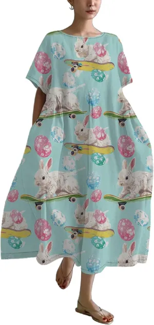 Bengbobar Easter Dress for Women, Bunny Eggs Print Maxi Dress, Short Sleeve Cotton Dress Flowy Chic Beach Summer Sundress
