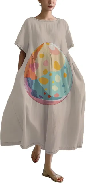 Bengbobar Easter Dress for Women, Bunny Eggs Print Maxi Dress, Short Sleeve Cotton Dress Flowy Chic Beach Summer Sundress