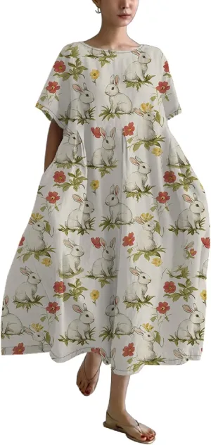 Bengbobar Easter Dress for Women, Bunny Eggs Print Maxi Dress, Short Sleeve Cotton Dress Flowy Chic Beach Summer Sundress