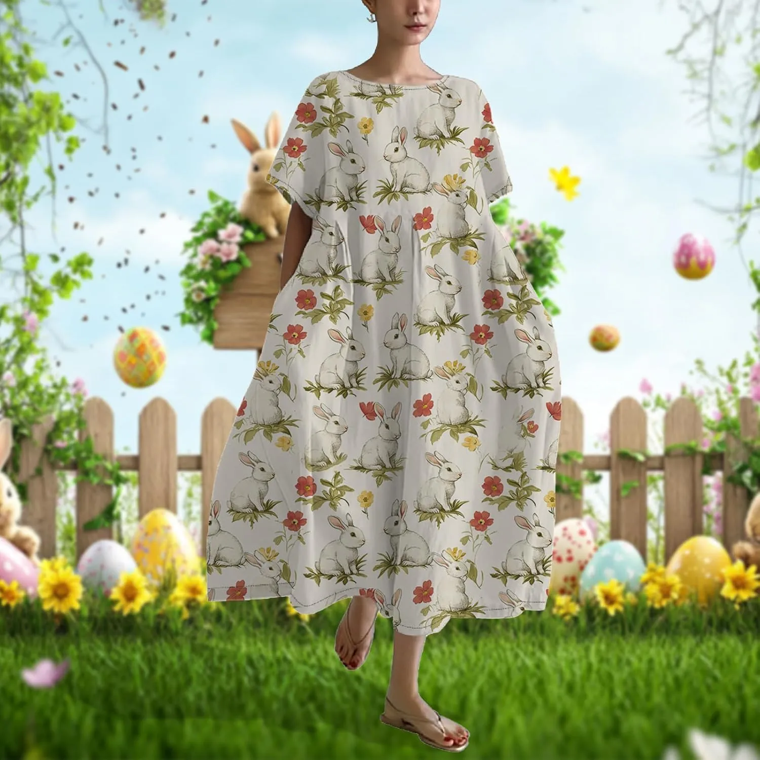 Bengbobar Easter Dress for Women, Bunny Eggs Print Maxi Dress, Short Sleeve Cotton Dress Flowy Chic Beach Summer Sundress