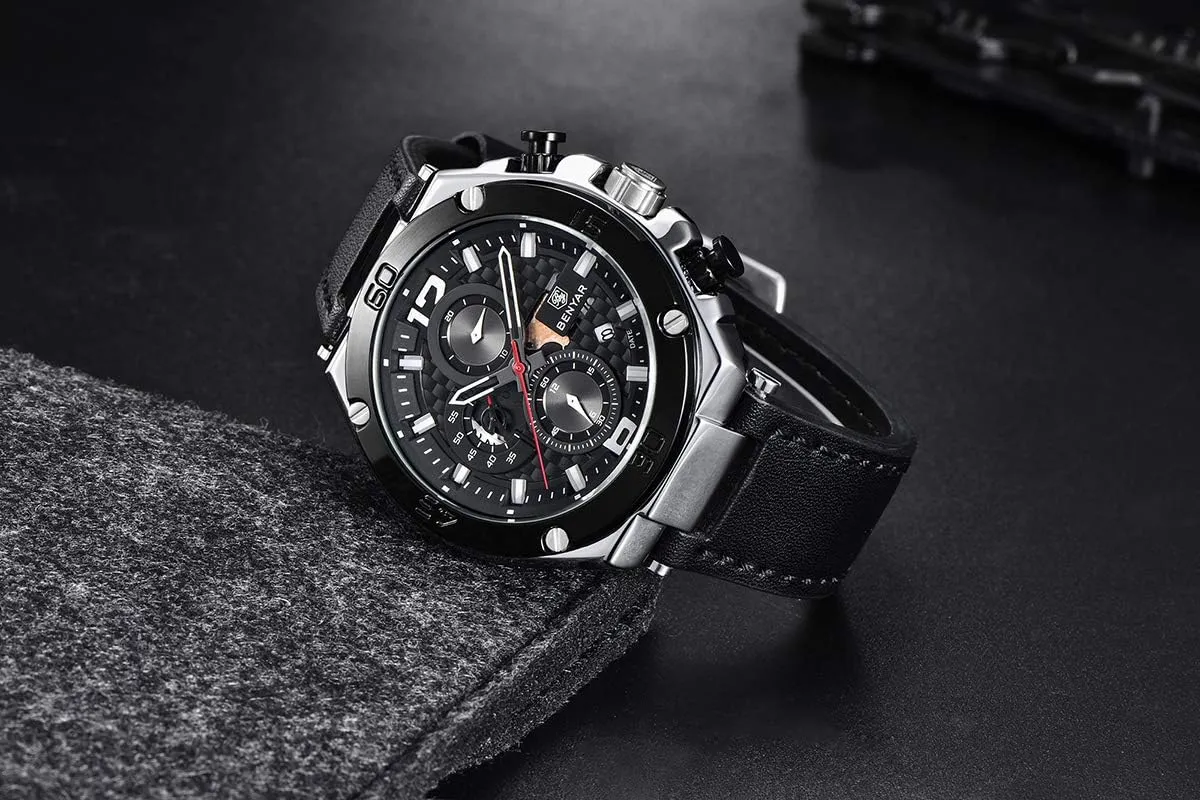 BENYAR Wrist Watches for Men Quartz Movement Leather Strap Analog Chronograph Fashion Business Sport Design Mens Watch 30M Waterproof Stylish Elegant Gifts for Men