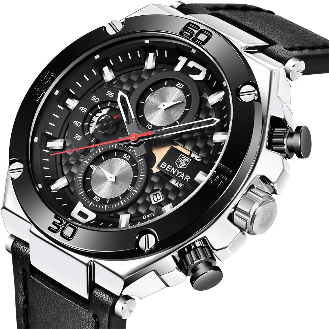 BENYAR Wrist Watches for Men Quartz Movement Leather Strap Analog Chronograph Fashion Business Sport Design Mens Watch 30M Waterproof Stylish Elegant Gifts for Men
