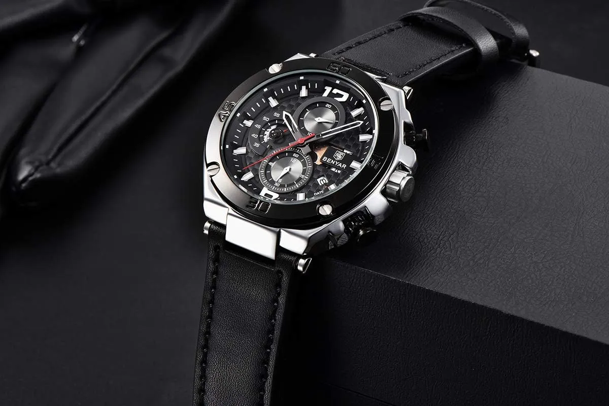 BENYAR Wrist Watches for Men Quartz Movement Leather Strap Analog Chronograph Fashion Business Sport Design Mens Watch 30M Waterproof Stylish Elegant Gifts for Men
