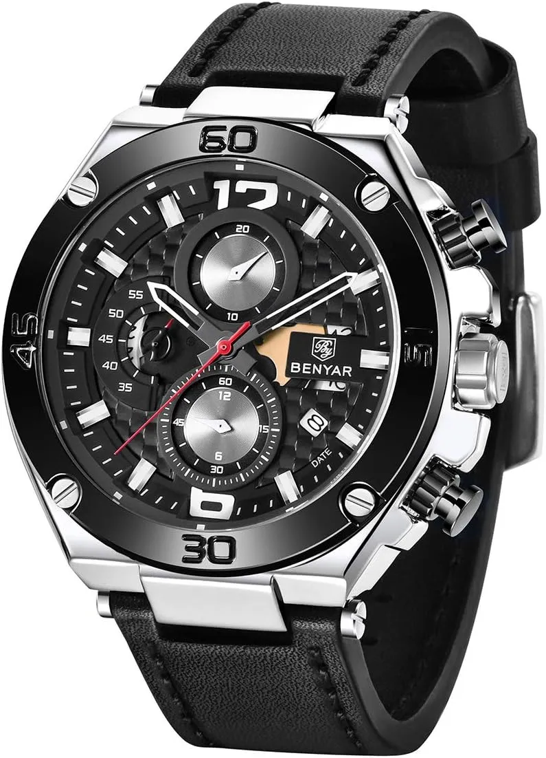 BENYAR Wrist Watches for Men Quartz Movement Leather Strap Analog Chronograph Fashion Business Sport Design Mens Watch 30M Waterproof Stylish Elegant Gifts for Men