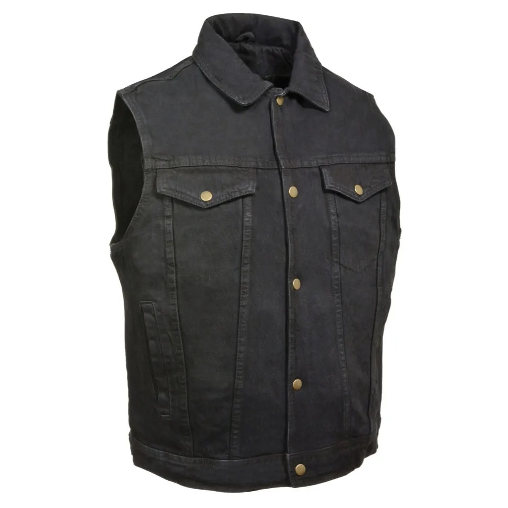 Black Snap Front Denim Vest with Shirt Collar