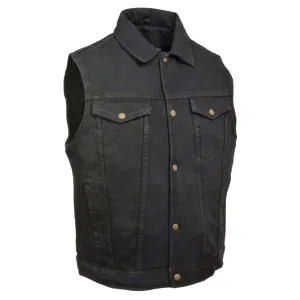 Black Snap Front Denim Vest with Shirt Collar