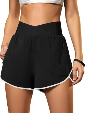Blooming Jelly Women's Workout Shorts Athletic Running Shorts Crossover High Waisted Gym Shorts with Zipper Pockets