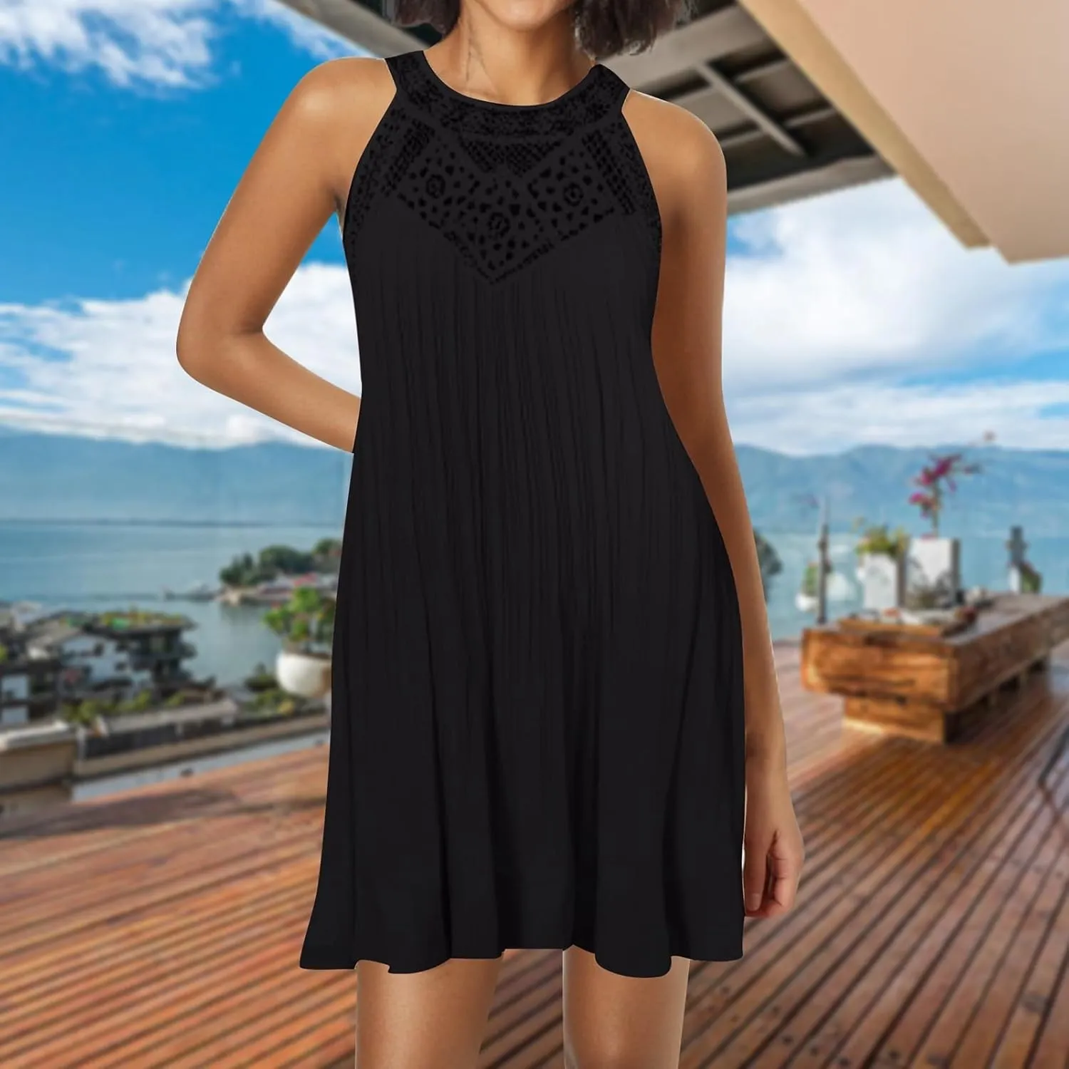 Boho Dresses for Women 2025 Summer Lace Crochet Halter Neck Dress Flowy Pleated Sundress Sleeveless Tank Mini Dress
