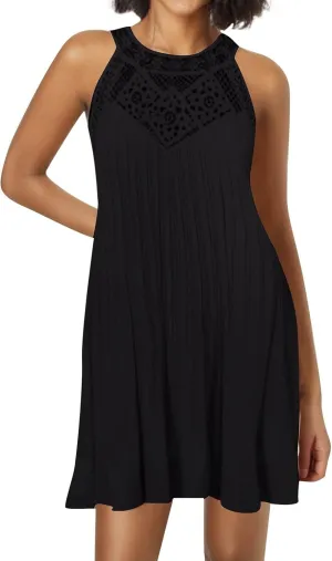 Boho Dresses for Women 2025 Summer Lace Crochet Halter Neck Dress Flowy Pleated Sundress Sleeveless Tank Mini Dress