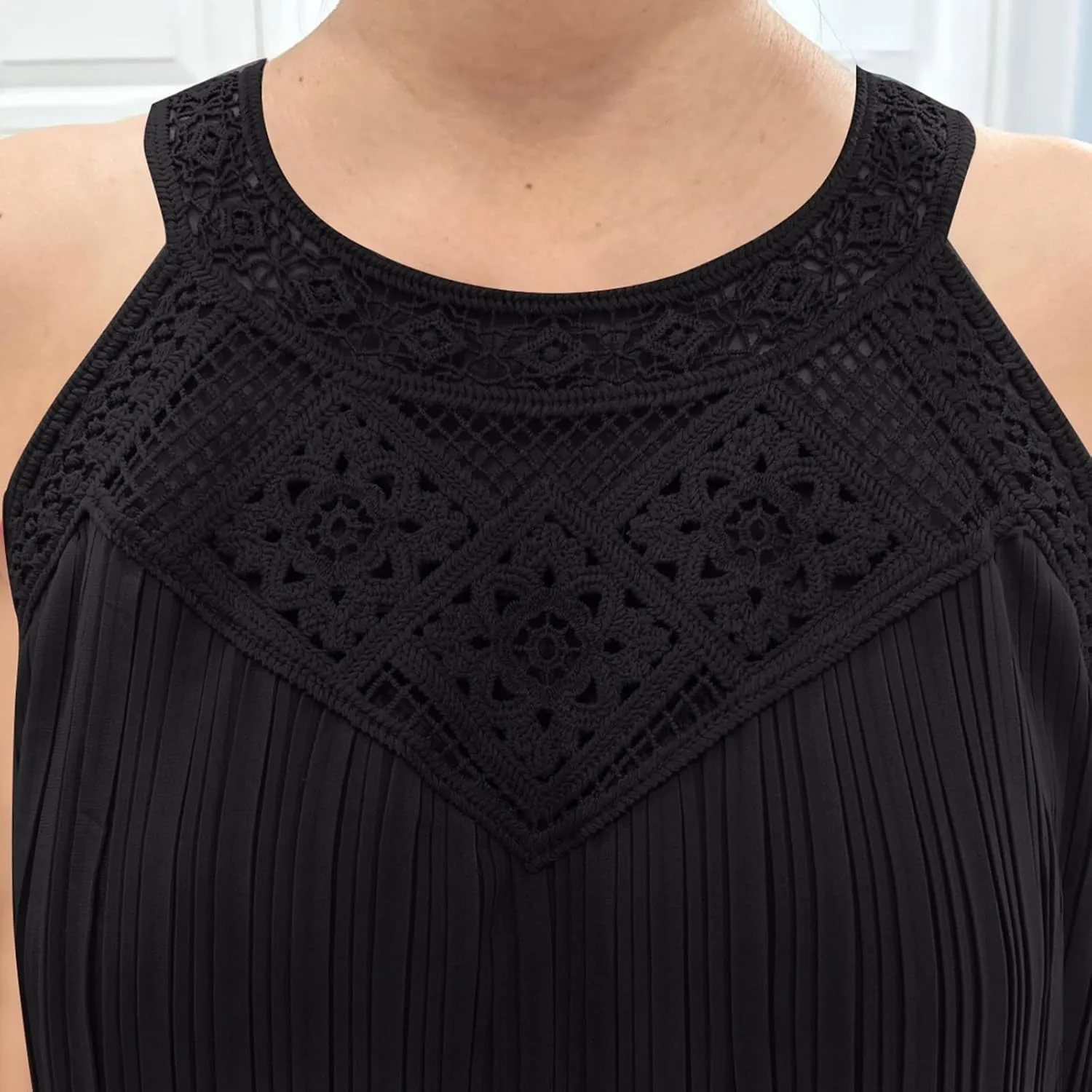 Boho Dresses for Women 2025 Summer Lace Crochet Halter Neck Dress Flowy Pleated Sundress Sleeveless Tank Mini Dress
