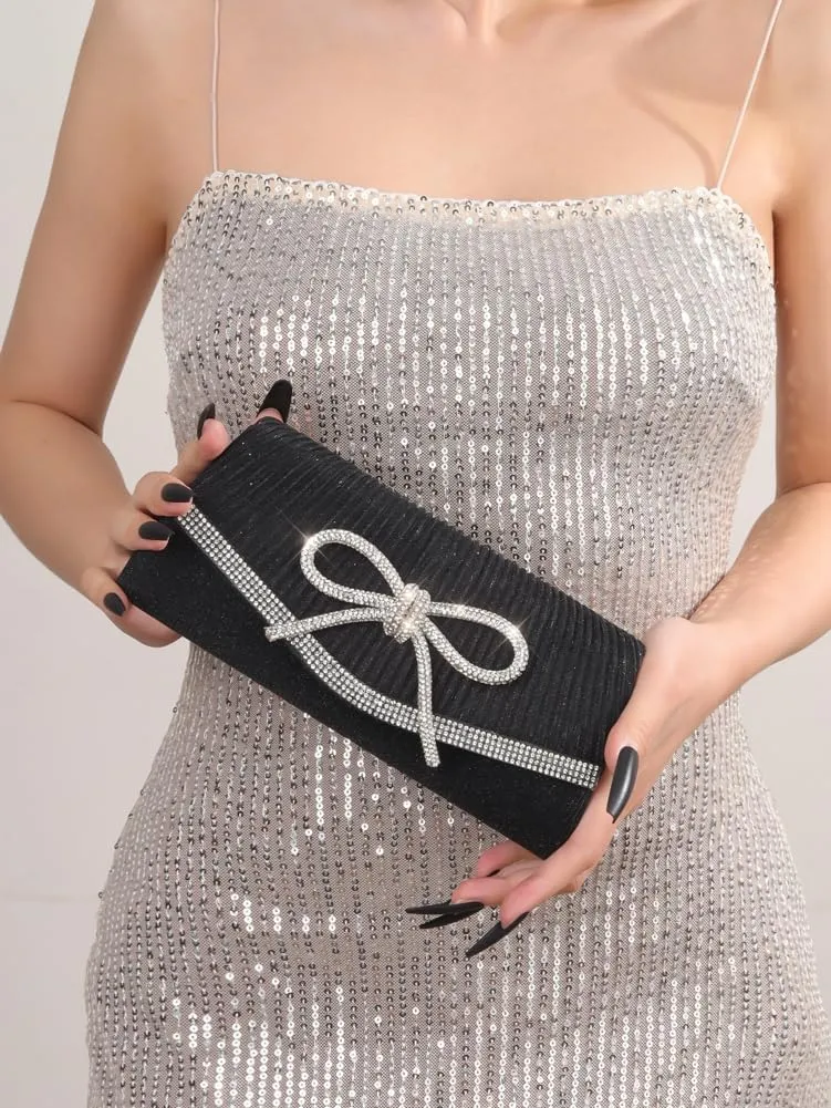 Bow Purse Evening Clutch Purses for Women Sparkly Evening Handbag Wedding Glitter Rhinestone Party Prom Crossbody Bag
