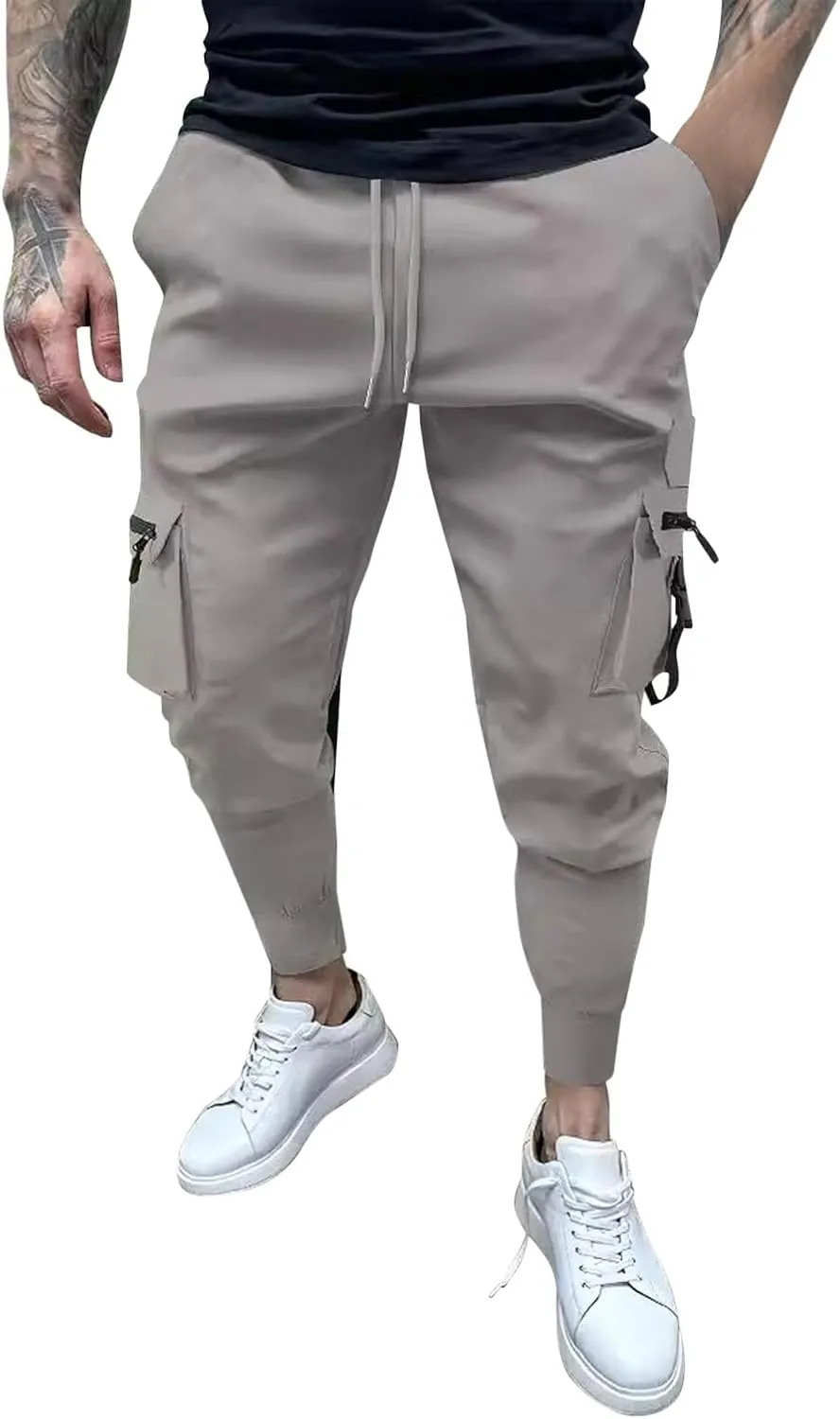 Cargo Pants for Men Slim Fit Stretch Joggers Pant Elastic Waist Drawstring Tapered Work Trousers with Multi Pockets