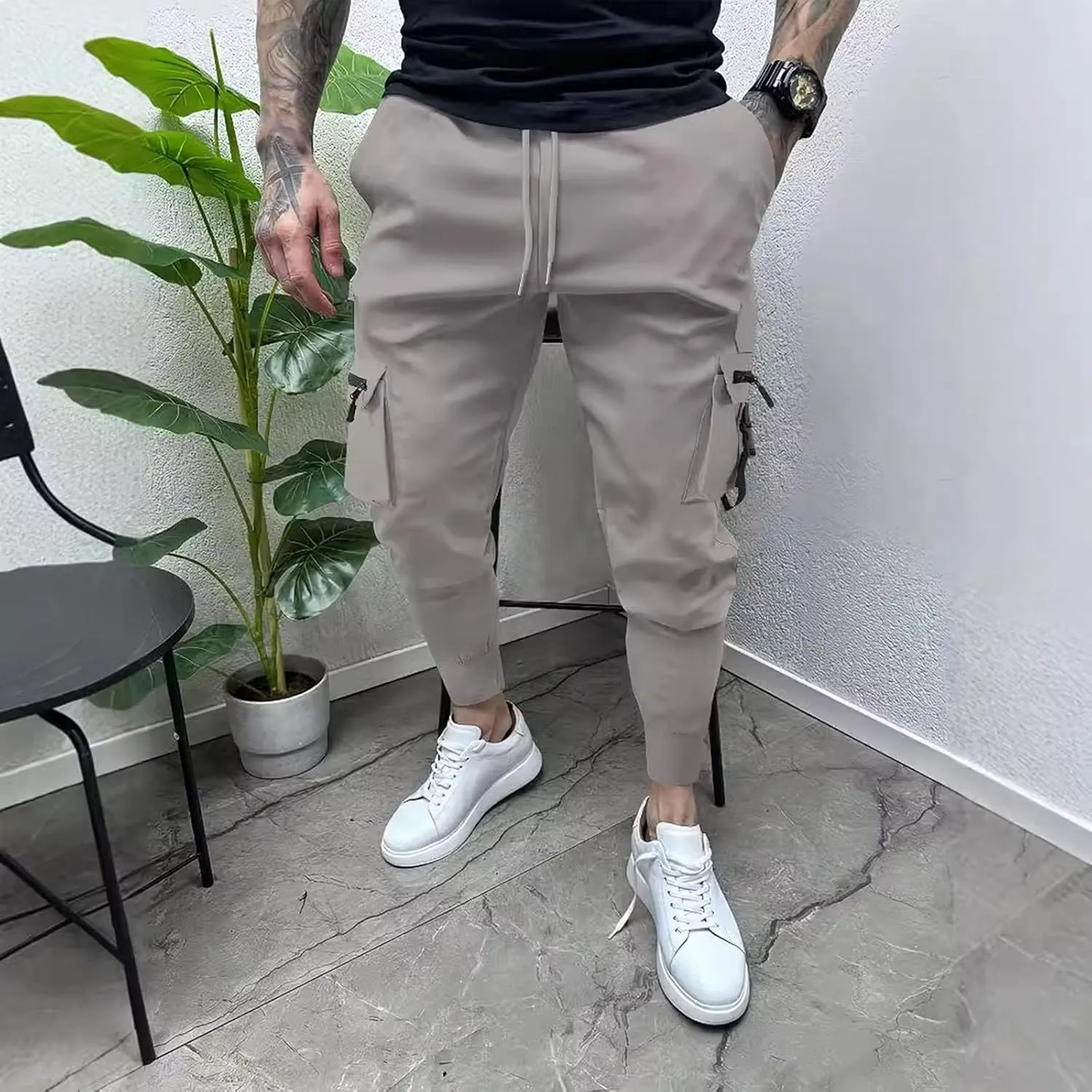 Cargo Pants for Men Slim Fit Stretch Joggers Pant Elastic Waist Drawstring Tapered Work Trousers with Multi Pockets