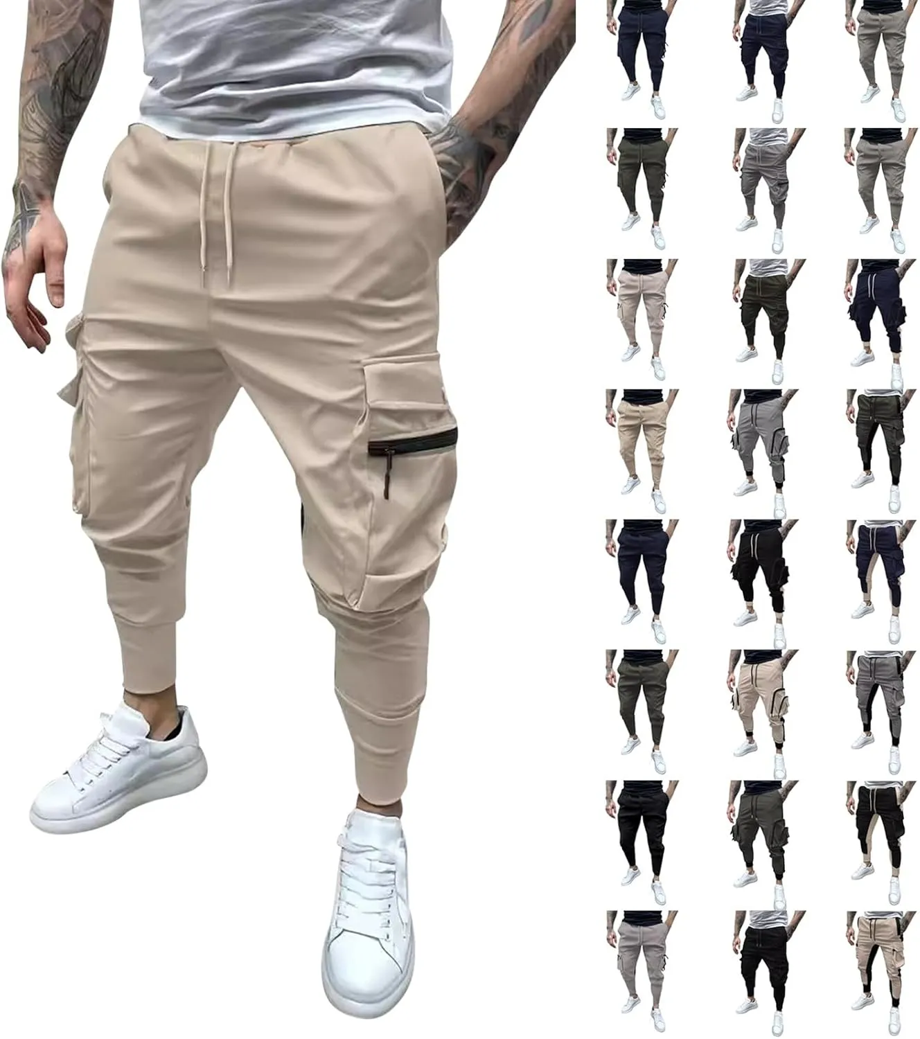 Cargo Pants for Men Slim Fit Stretch Joggers Pant Elastic Waist Drawstring Tapered Work Trousers with Multi Pockets