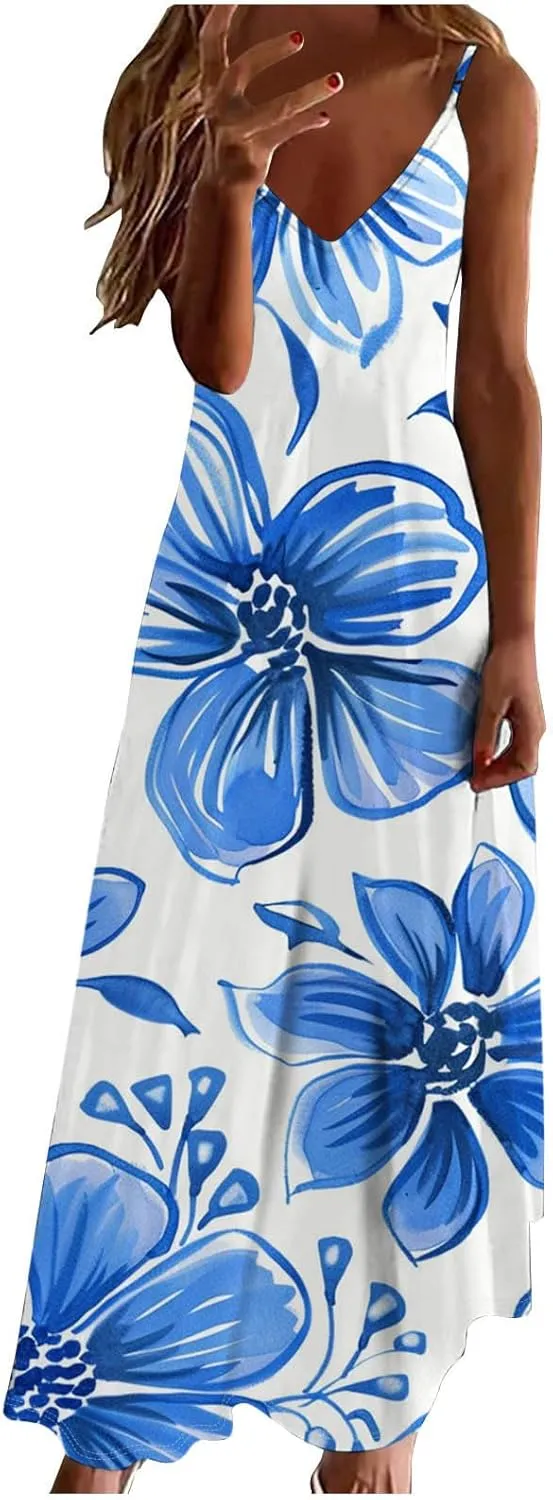 Casual Summer Dresses for Women Mini, Sleeveless Casual V Neck Ruffle Dresses, Lightweight Floral Boho Dress