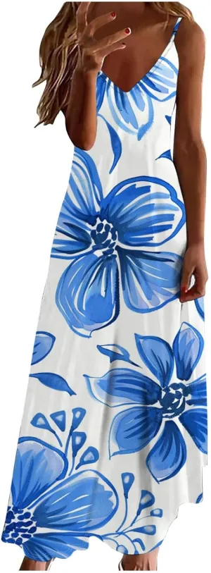 Casual Summer Dresses for Women Mini, Sleeveless Casual V Neck Ruffle Dresses, Lightweight Floral Boho Dress