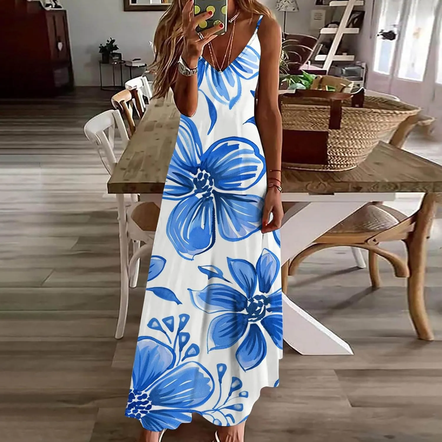 Casual Summer Dresses for Women Mini, Sleeveless Casual V Neck Ruffle Dresses, Lightweight Floral Boho Dress