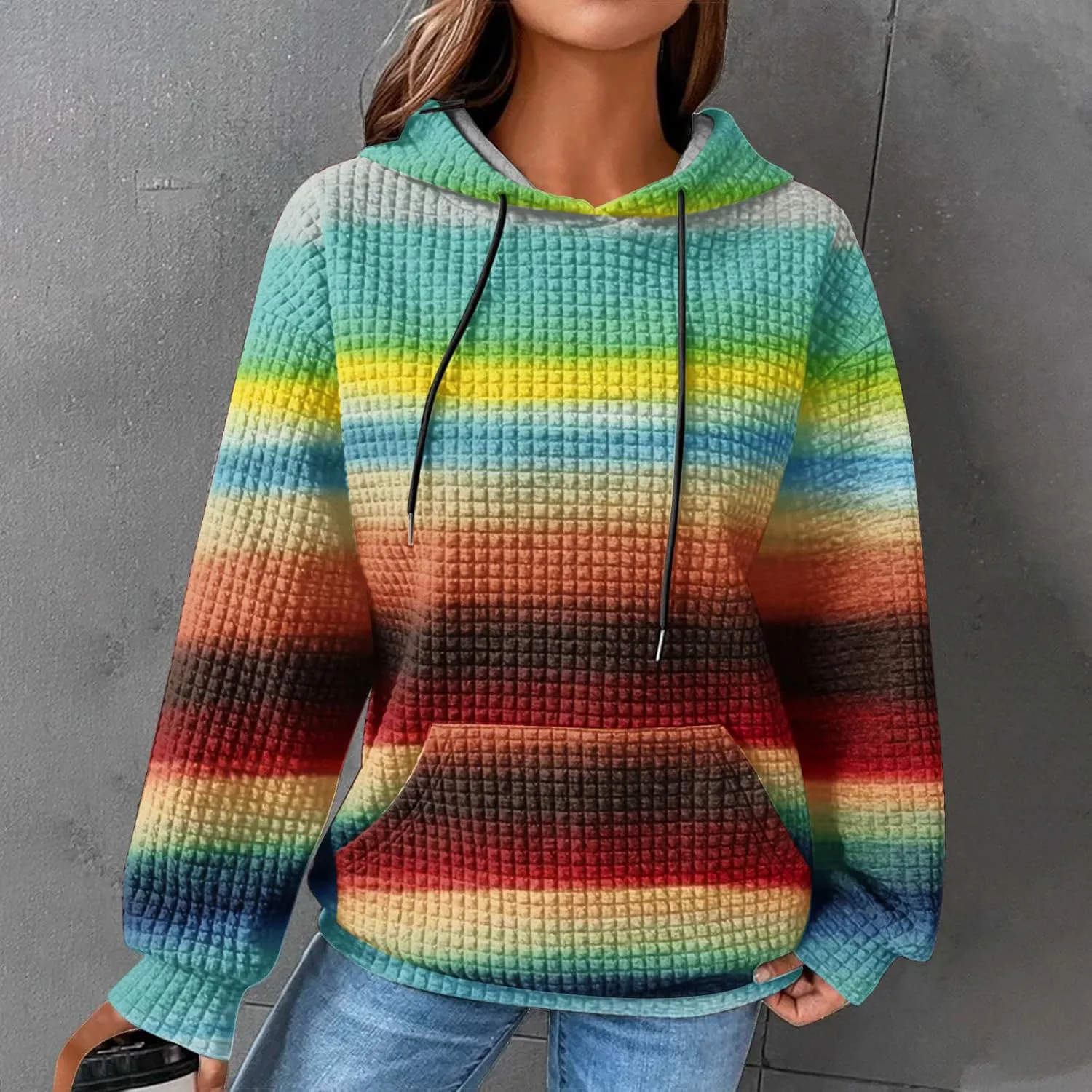Ceboyel Womens Waffle Knit Hooded Sweatshirts Trendy Hoodies Sweater Long Sleeve Pullover Tops Teen Girls Cute Winter Outfits