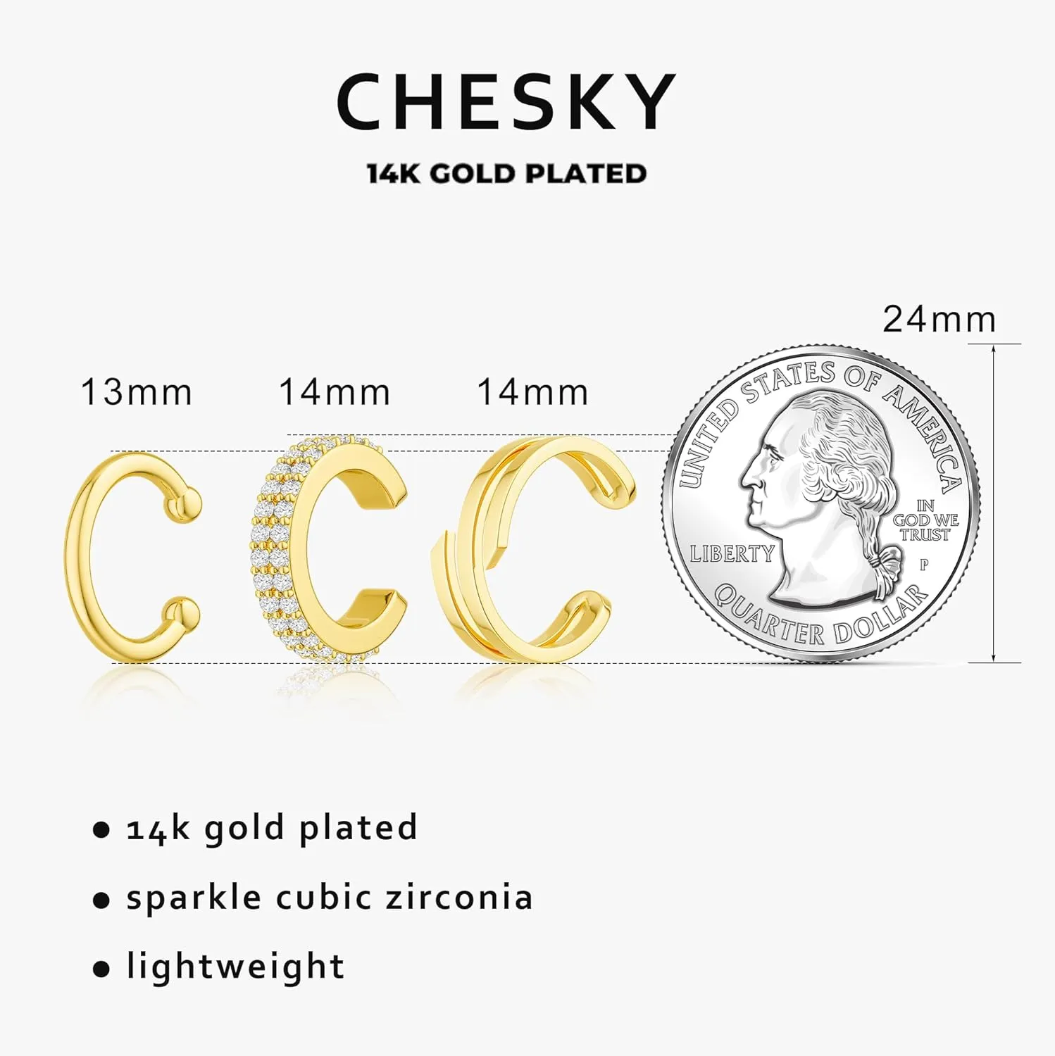 CHESKY 14K Gold Ear Cuffs Earrings for Women Huggie Hoop Earrings Non Piercing Gold Plated Cubic Zirconia Clip on Cartilage Earring Hypoallergenic Cute Ear Cuff Hoop Set Sparkle Trendy Jewelry