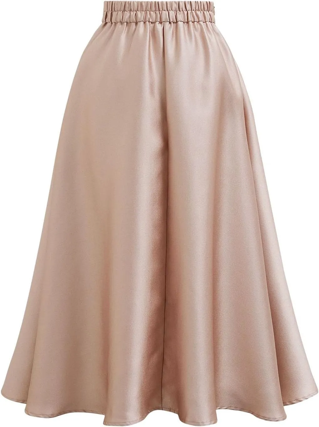 CHICWISH Women Sleek Pleated Midi Skirt A-Line Elastic High Waist Solid Flared Skirt with Side Pockets Coral