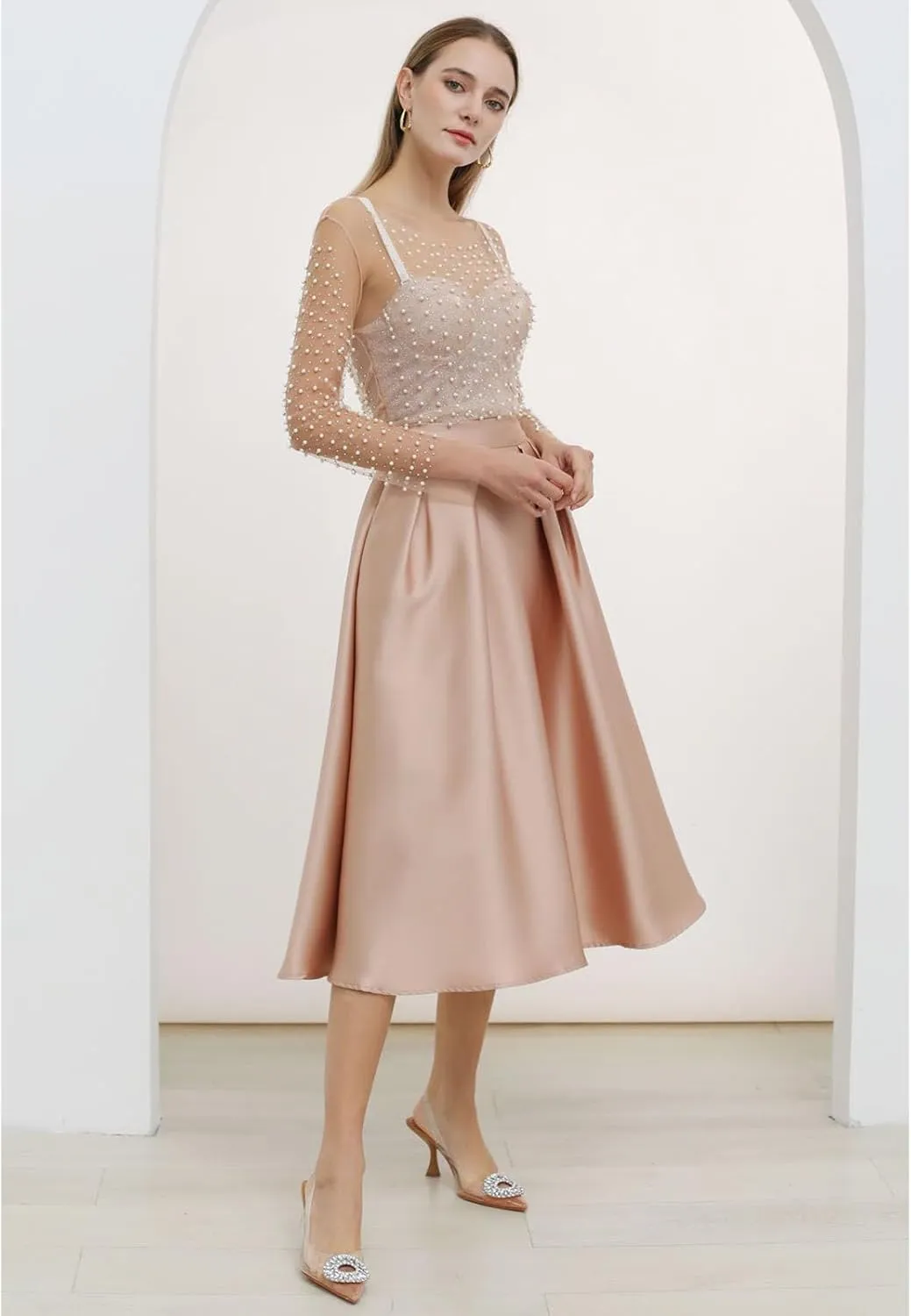 CHICWISH Women Sleek Pleated Midi Skirt A-Line Elastic High Waist Solid Flared Skirt with Side Pockets Coral