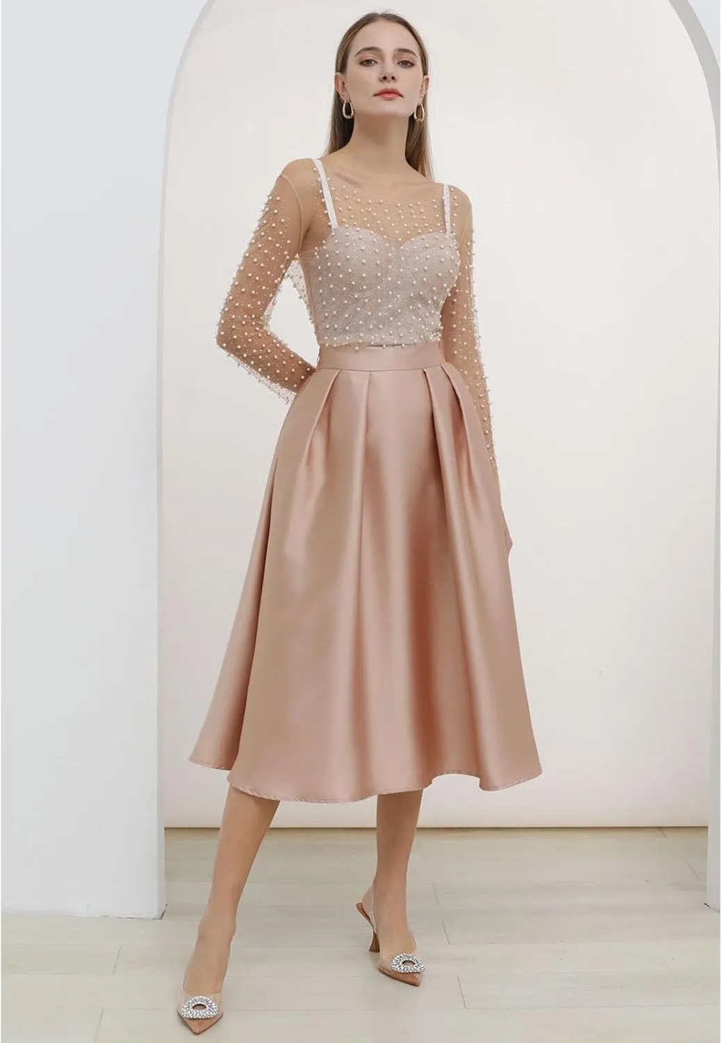 CHICWISH Women Sleek Pleated Midi Skirt A-Line Elastic High Waist Solid Flared Skirt with Side Pockets Coral