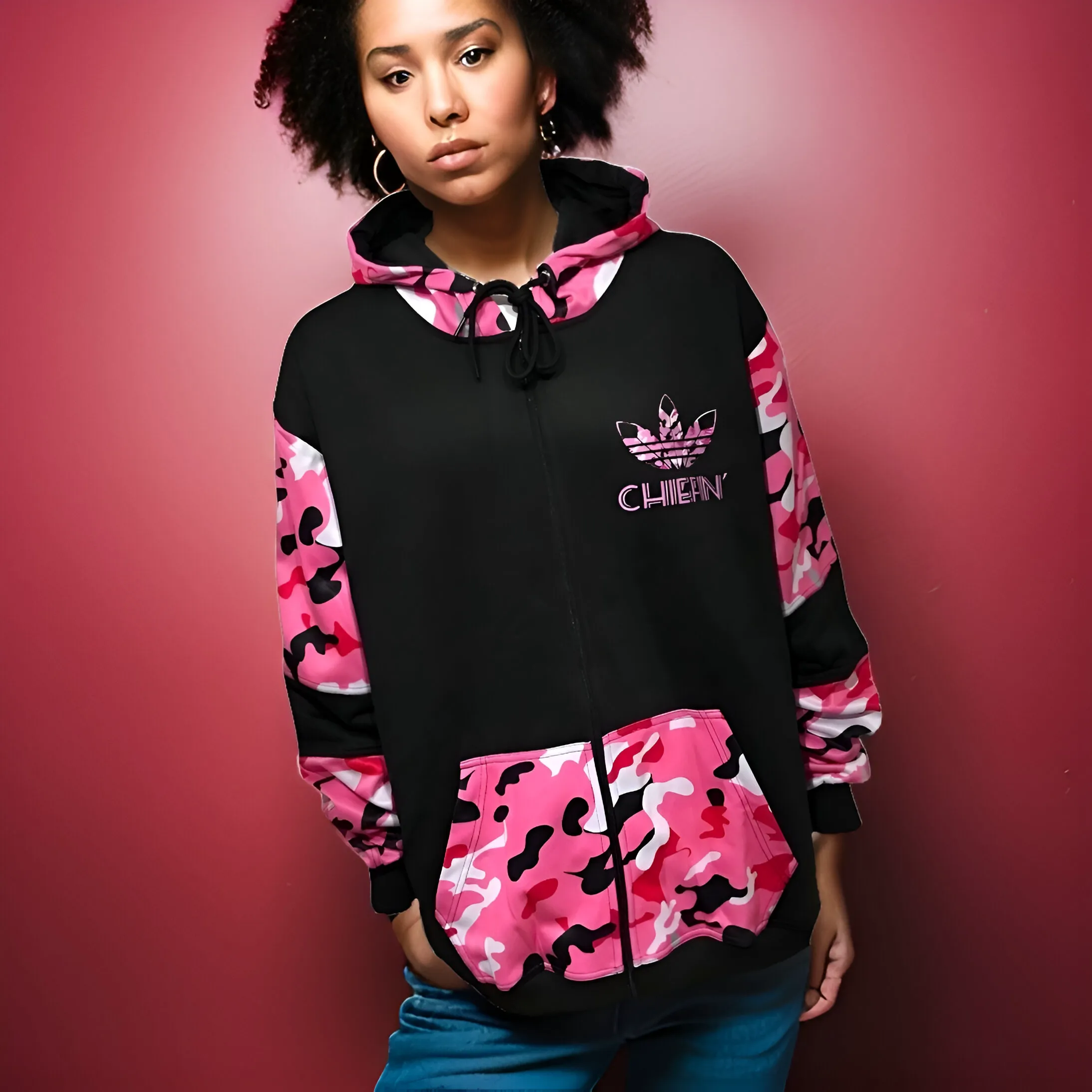 ^CHIEFIN’ ADI-FEATHER^ (PINK CAMOUFLAGE) ZIP UP TRACK JACKETS (CUT & SEW)
