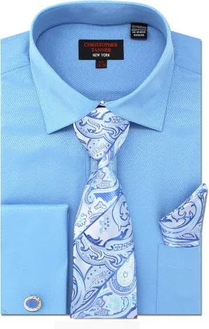 Christopher Tanner Men's Solid Micro Pattern Regular Fit French Cuffs Dress Shirts with Tie Hanky Cufflinks Combo