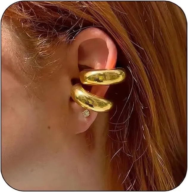 Chunky Gold Ear Cuff Earrings for Women Non Piercing,18K Gold Stainless Steel Chunky Round Huggie Minimalism Ear Clip on Earrings Ear for Women Cuff Ear Cartilage Clip Jewelry