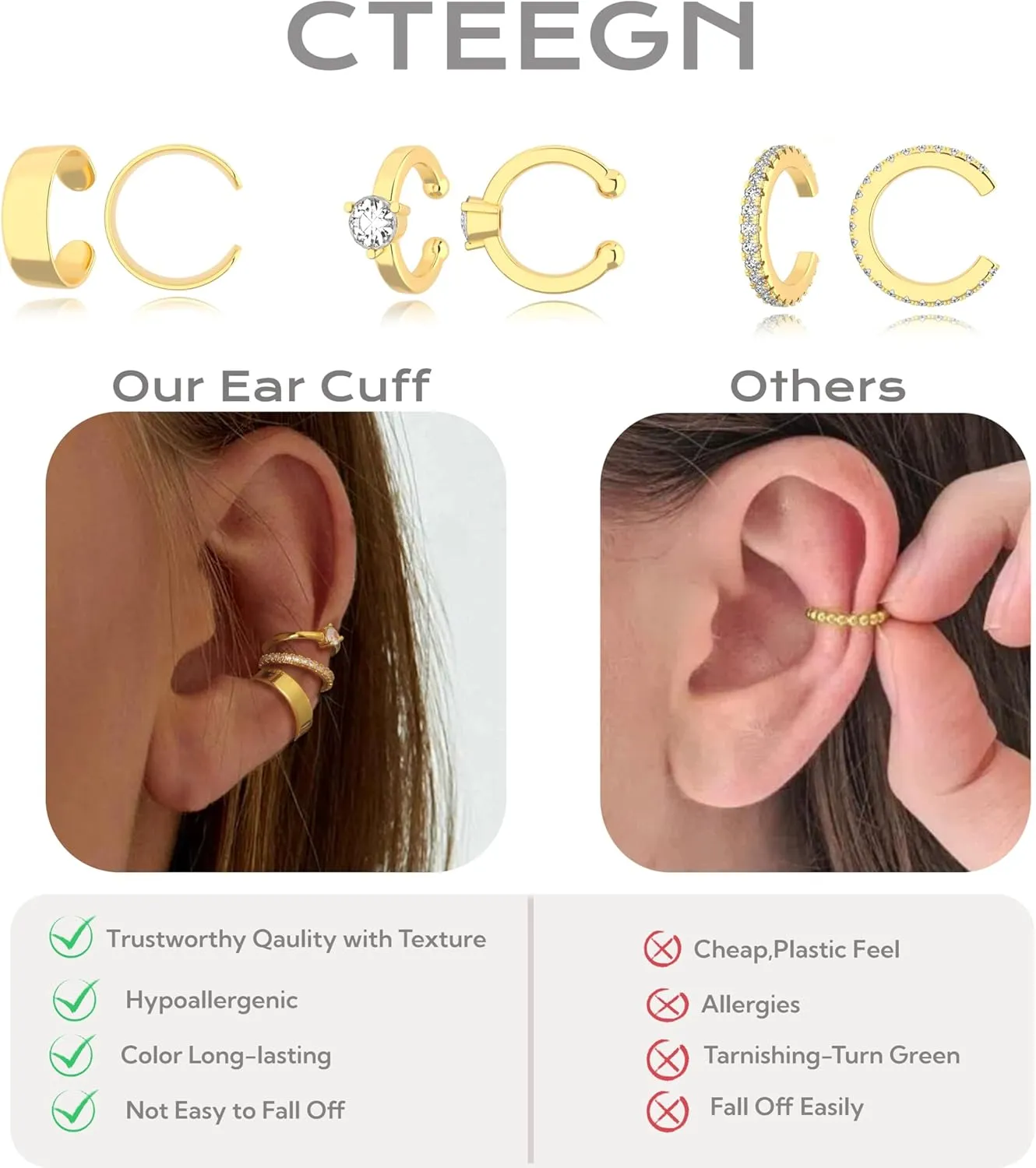 Chunky Thin Gold Chain Ear Cuffs Set Dainty 14K Clip Piercing Stack Small Cartilage Hoop Huggie Trendy Tarnish Hypoallergenic Jewelry Gift