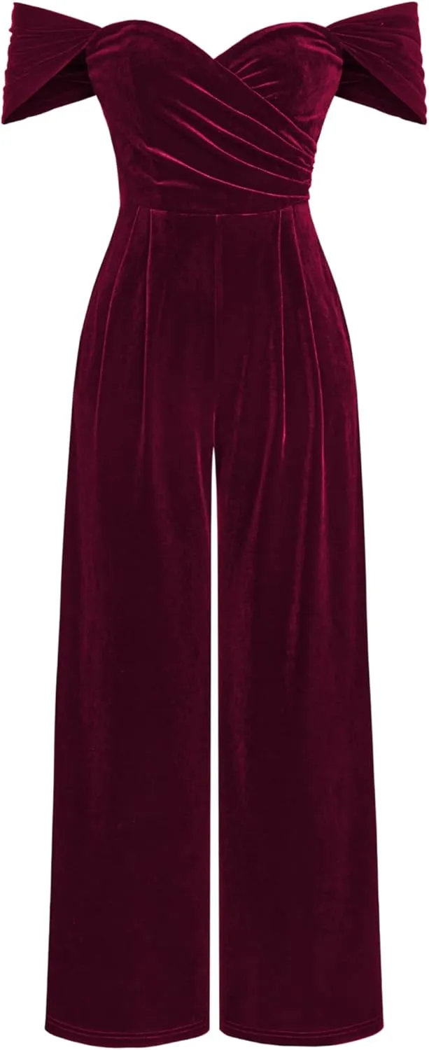 CIDER Women's Velvet Off-shoulder Solid Ruched Jumpsuit