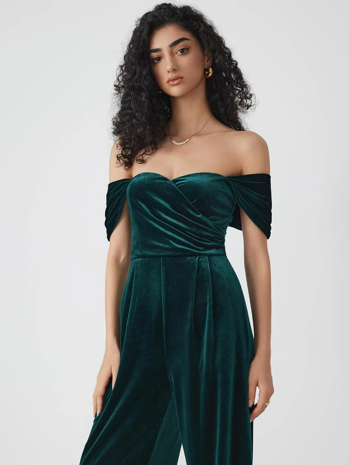 CIDER Women's Velvet Off-shoulder Solid Ruched Jumpsuit