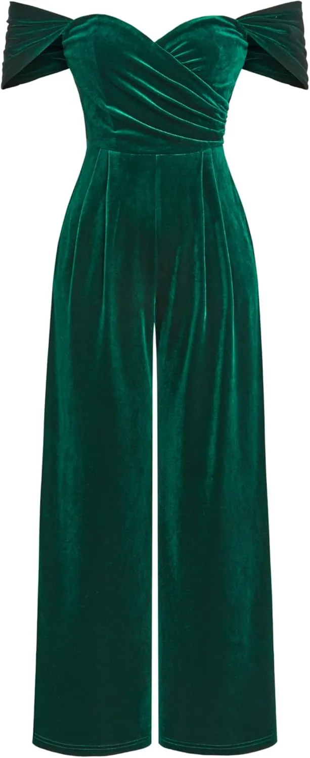 CIDER Women's Velvet Off-shoulder Solid Ruched Jumpsuit