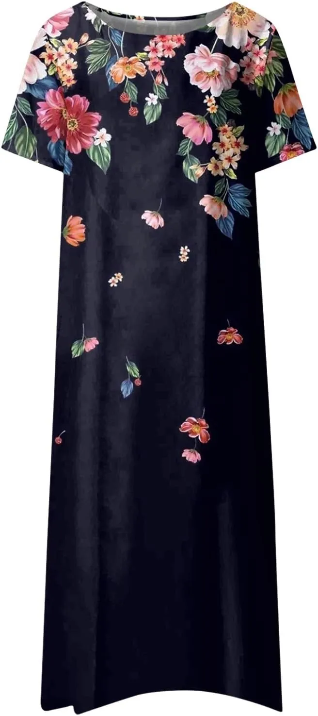 Classic Summer Long Short Sleeve Dresses for Women Active Baggy Cool Graphic Dress Cotton Pocket Pullover.
