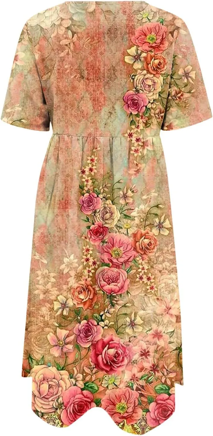 Classic Summer Long Short Sleeve Dresses for Women Active Baggy Cool Graphic Dress Cotton Pocket Pullover.
