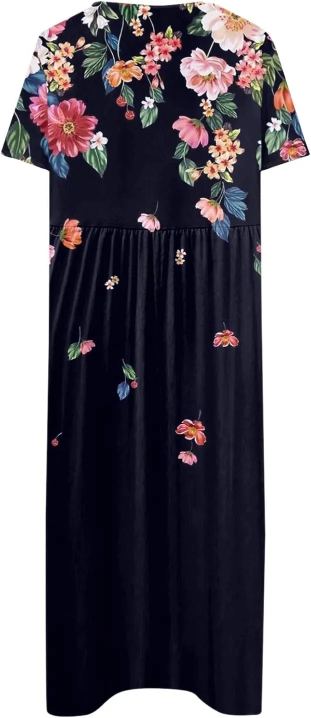 Classic Summer Long Short Sleeve Dresses for Women Active Baggy Cool Graphic Dress Cotton Pocket Pullover.