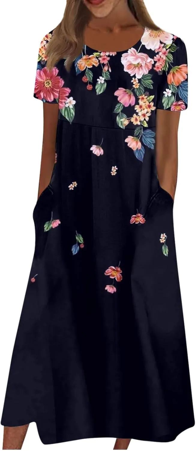 Classic Summer Long Short Sleeve Dresses for Women Active Baggy Cool Graphic Dress Cotton Pocket Pullover.