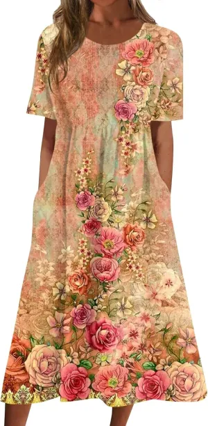 Classic Summer Long Short Sleeve Dresses for Women Active Baggy Cool Graphic Dress Cotton Pocket Pullover.