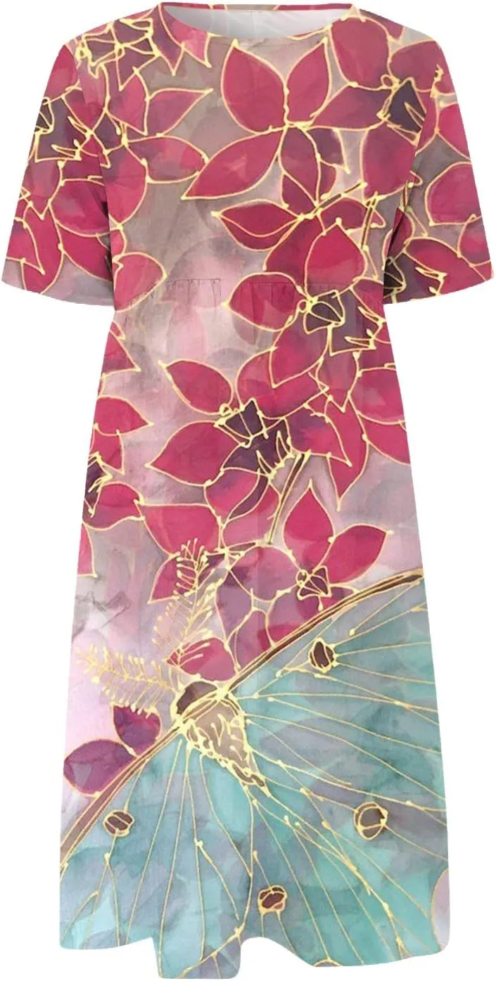 Classic Summer Long Short Sleeve Dresses for Women Active Baggy Cool Graphic Dress Cotton Pocket Pullover.