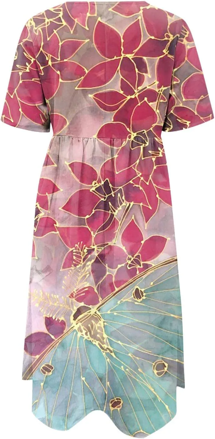 Classic Summer Long Short Sleeve Dresses for Women Active Baggy Cool Graphic Dress Cotton Pocket Pullover.