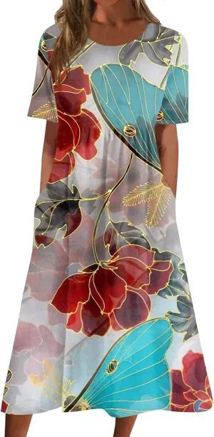 Classic Summer Long Short Sleeve Dresses for Women Active Baggy Cool Graphic Dress Cotton Pocket Pullover.