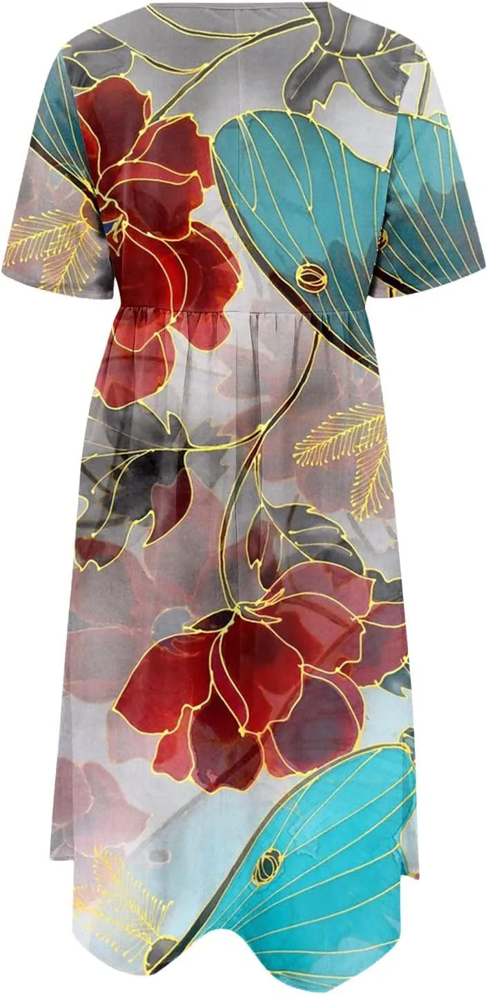 Classic Summer Long Short Sleeve Dresses for Women Active Baggy Cool Graphic Dress Cotton Pocket Pullover.