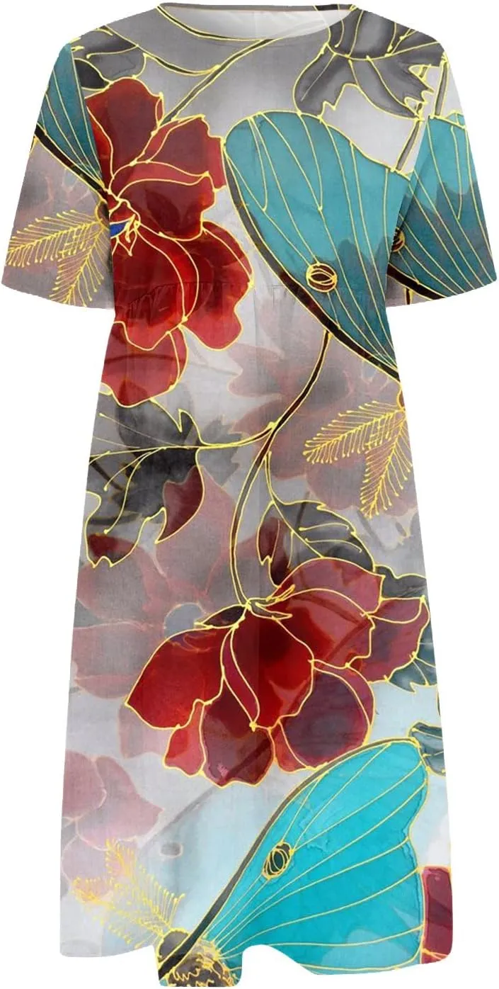 Classic Summer Long Short Sleeve Dresses for Women Active Baggy Cool Graphic Dress Cotton Pocket Pullover.