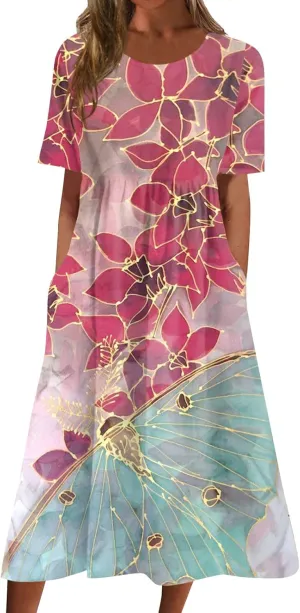 Classic Summer Long Short Sleeve Dresses for Women Active Baggy Cool Graphic Dress Cotton Pocket Pullover.