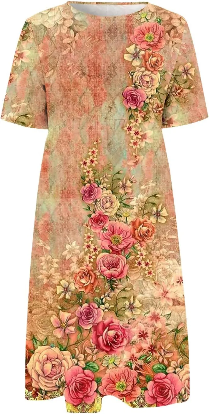 Classic Summer Long Short Sleeve Dresses for Women Active Baggy Cool Graphic Dress Cotton Pocket Pullover.