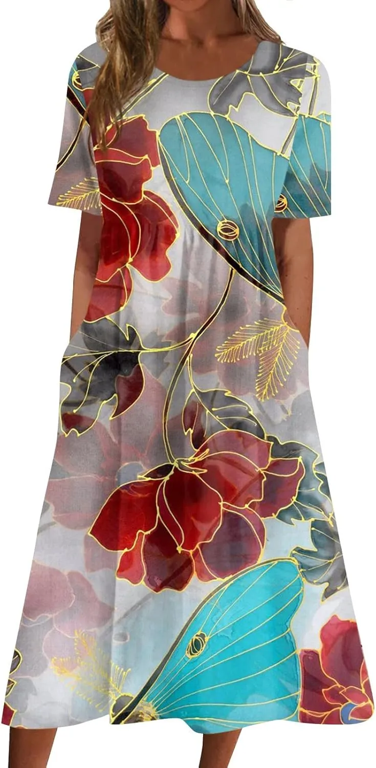 Classic Summer Long Short Sleeve Dresses for Women Active Baggy Cool Graphic Dress Cotton Pocket Pullover.