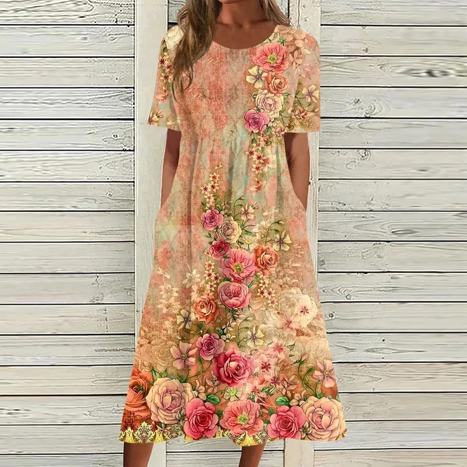 Classic Summer Long Short Sleeve Dresses for Women Active Baggy Cool Graphic Dress Cotton Pocket Pullover.