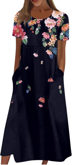 Classic Summer Long Short Sleeve Dresses for Women Active Baggy Cool Graphic Dress Cotton Pocket Pullover.