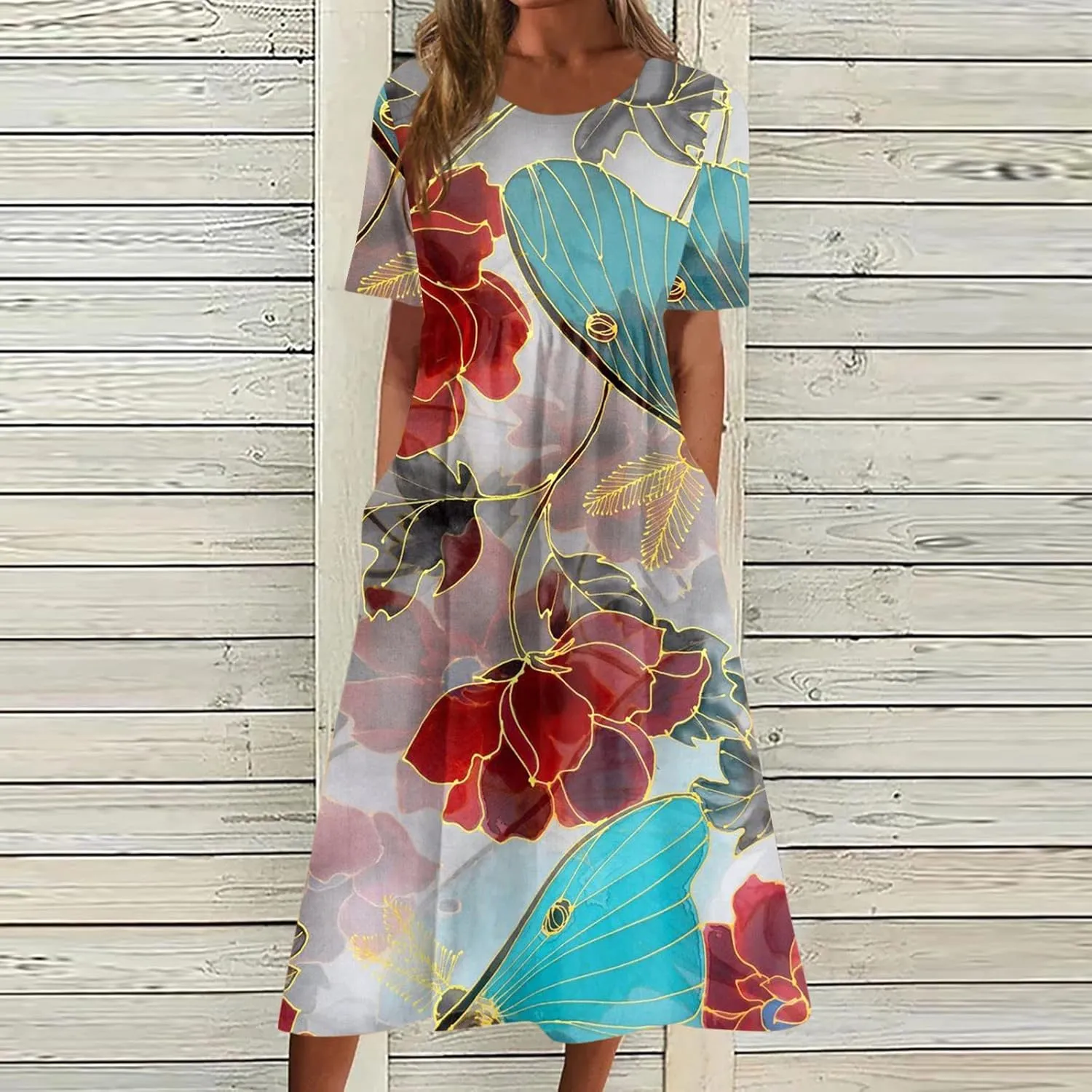 Classic Summer Long Short Sleeve Dresses for Women Active Baggy Cool Graphic Dress Cotton Pocket Pullover.